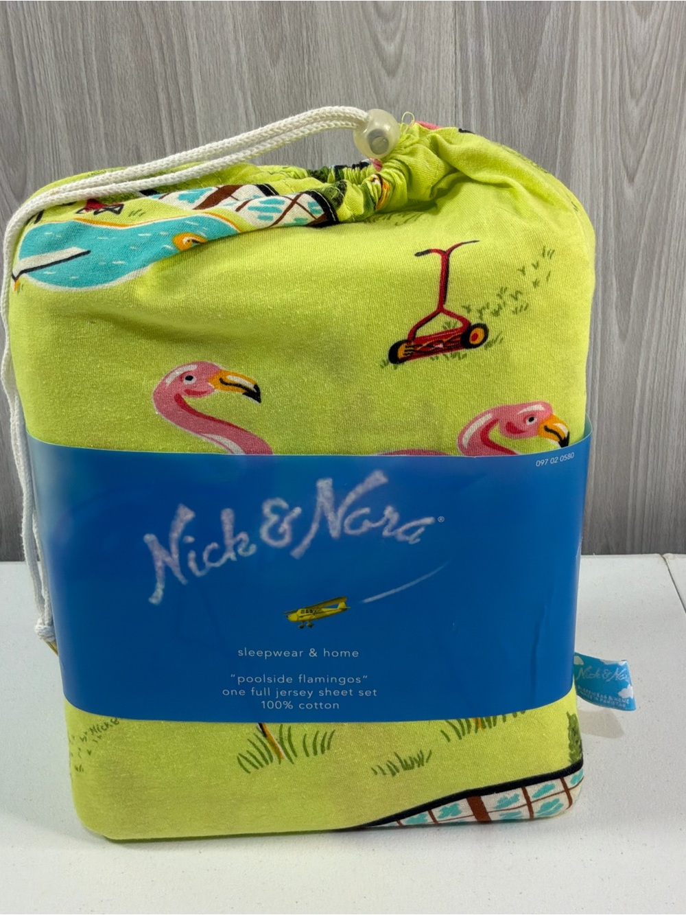 Nick & Nora Poolside Flamingos Full Jersey Sheet Set Green 100% Cotton Retired